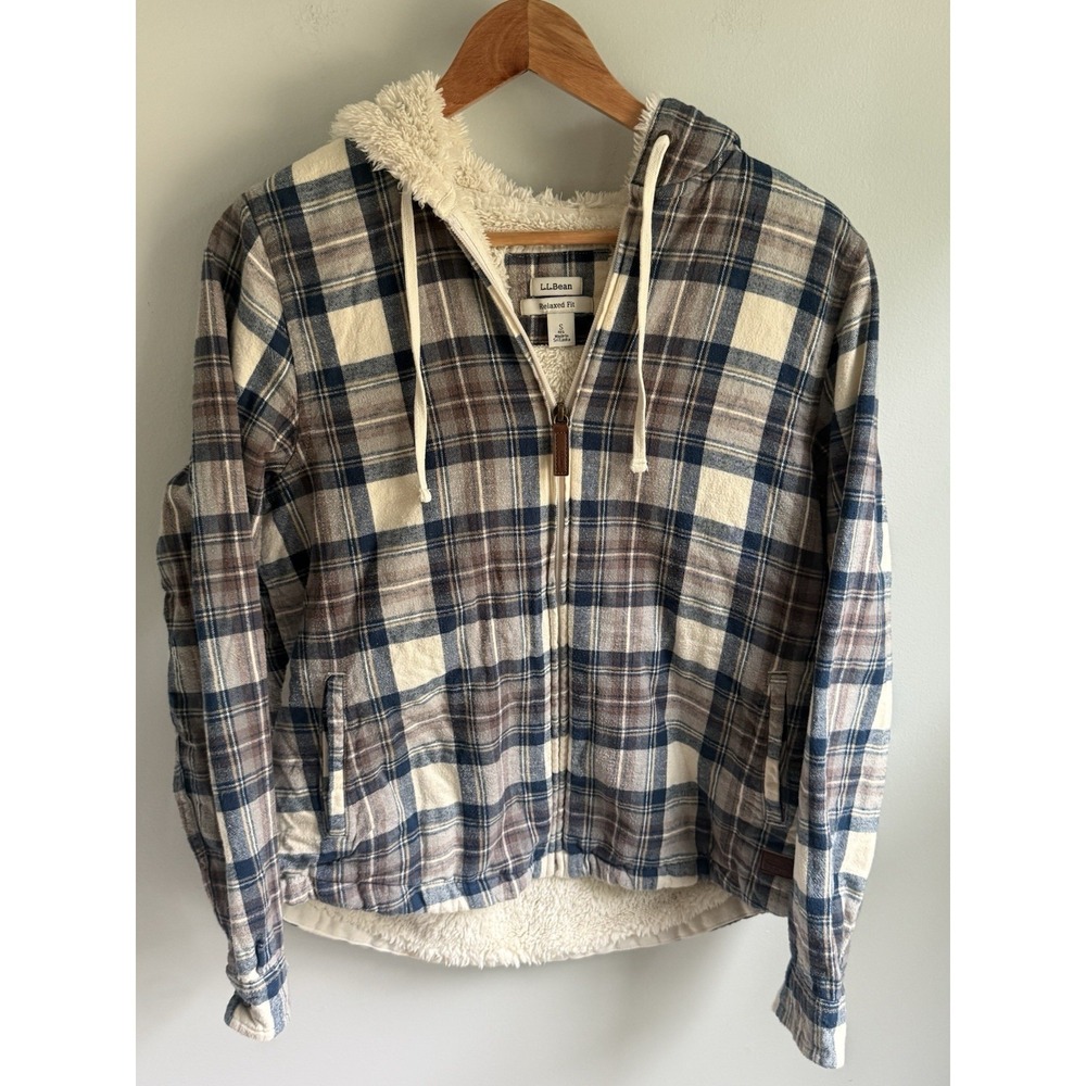 LL Bean‎ Womans Sherpa Lined Plaid Flannel Jacket Hoodie S Relaxed Fit